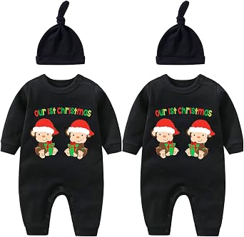 YSCULBUTOL Baby Twins Bodysuits Merry Christmas Cute Clothes Girl Outfit with Hat Set