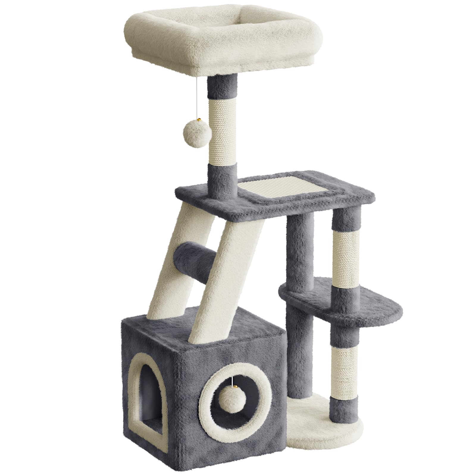 Dogat Cat Tree 107cm for Indoor Cats, Multi-Level Cat Tower with Scratching Post, Large Top Perches, Cozy Condo, Scratching Board & Dangling Ball (Dark Grey and Beige)