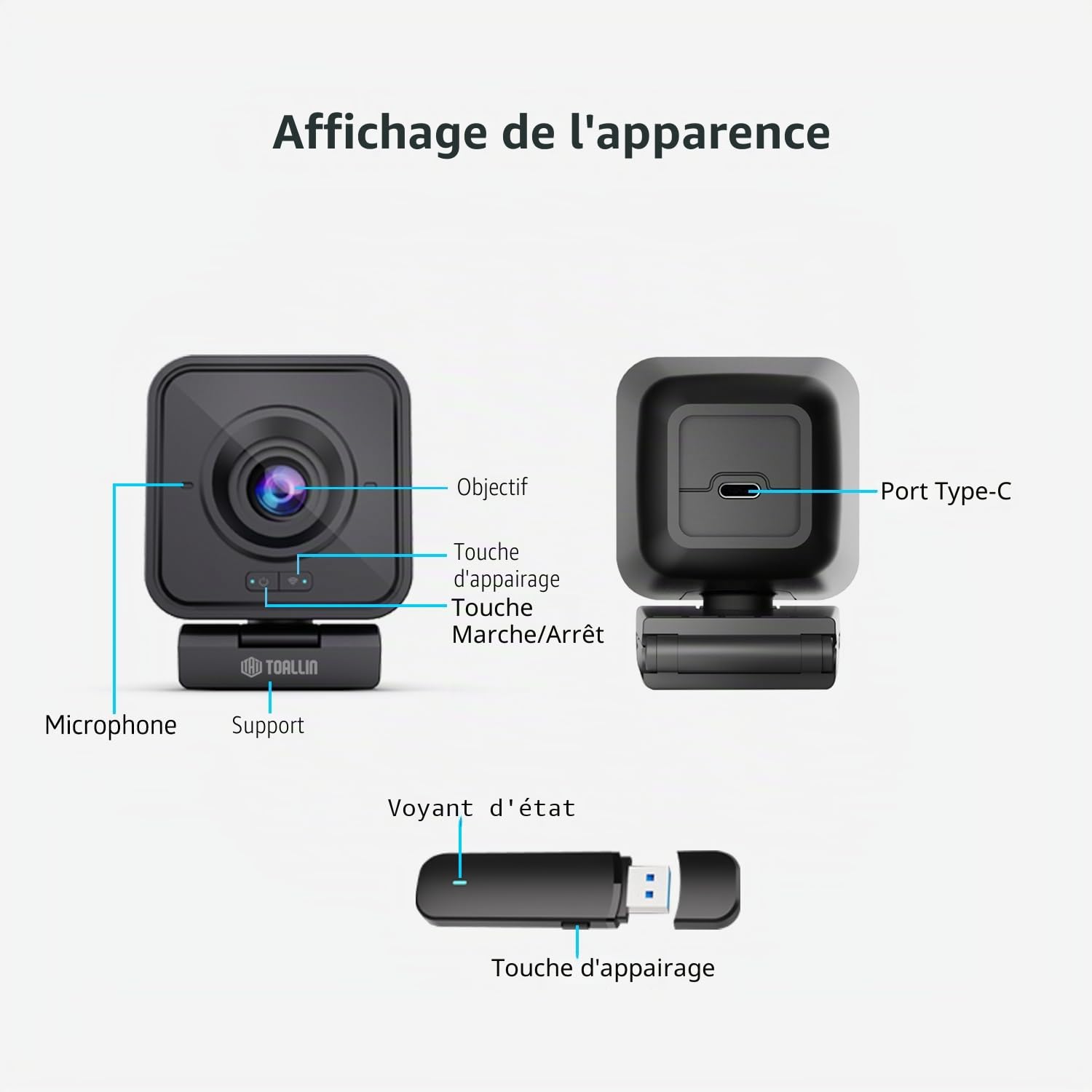 TOALLIN Webcam sans Fil pour PC, 1080P HD Webcam Wireless, Caméra d'ordinateur à connectivité sans Fil pour Vidéoconférence/Diffusion en Direct/appels vidéo en Ligne