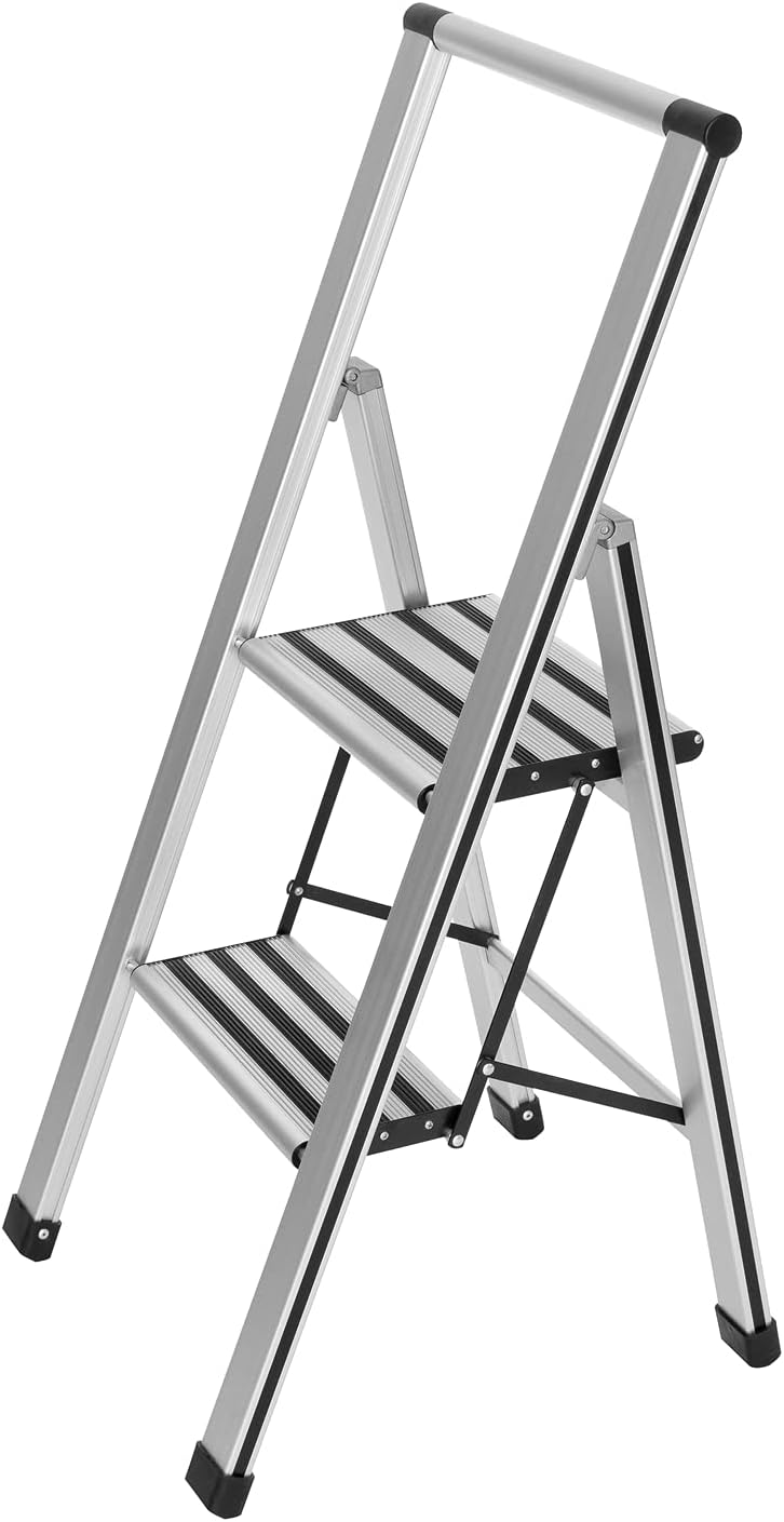 WENKO 601011100 Aluminium Design Folding Stepladder 2-Step - Household Ladder, Aluminium, 44 x 101 x 5.5 cm, Silver matt
