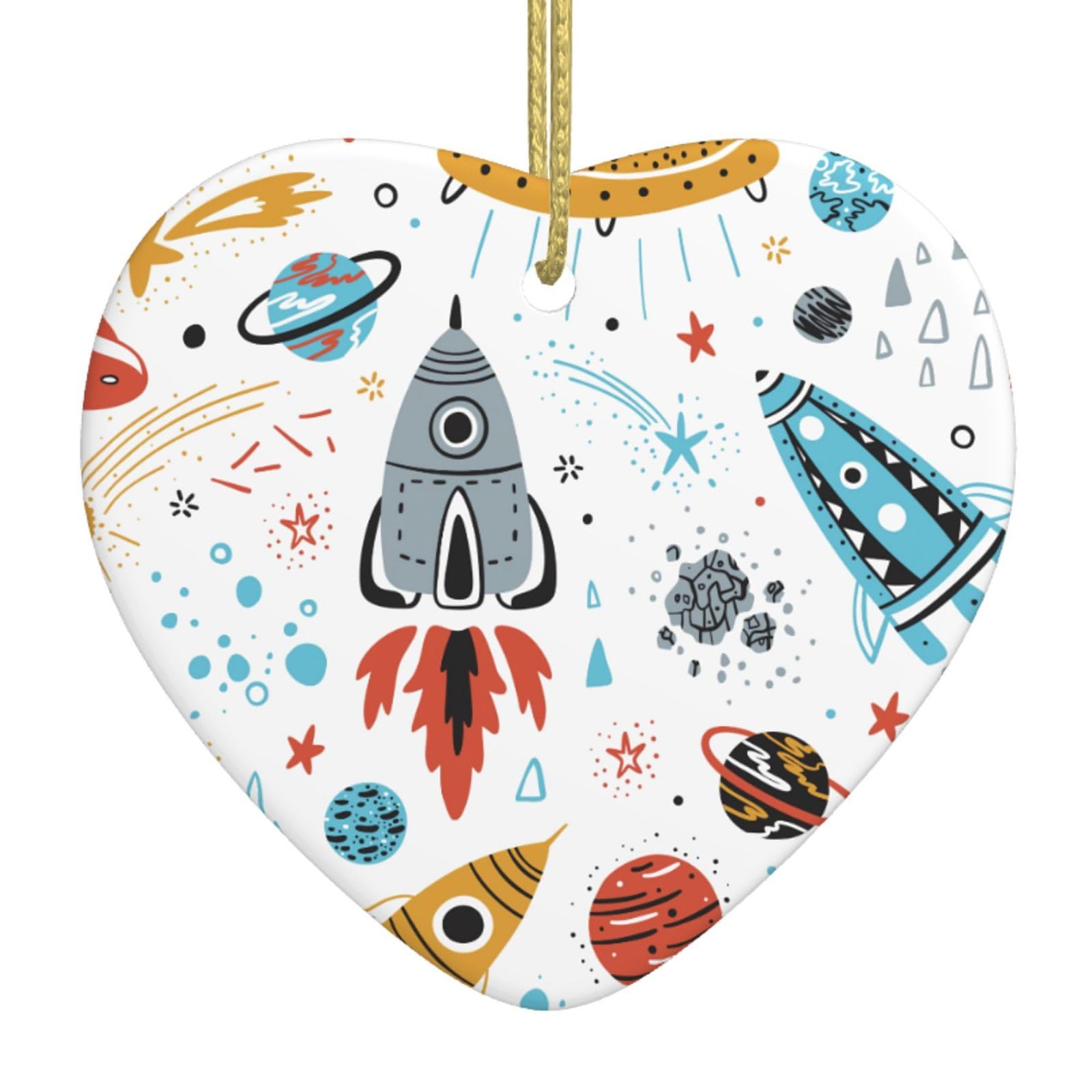 Nbtghga White Cartoon Rockets Print Christmas Ornaments, Ceramic Hanging Ornament, Xmas Tree Decoration, Holiday Home Decor