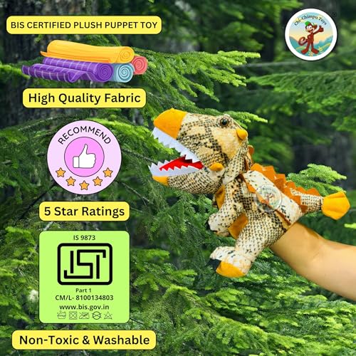 Image of Chi-Chimpu Open Mouth Ankylosaurus Dinosaur Hand Puppet for Kids | Soft Plush Dino Puppet Toy for Boys & Girls | Interactive Storytelling, Pretend Play & Educational Learning Gift | Brown