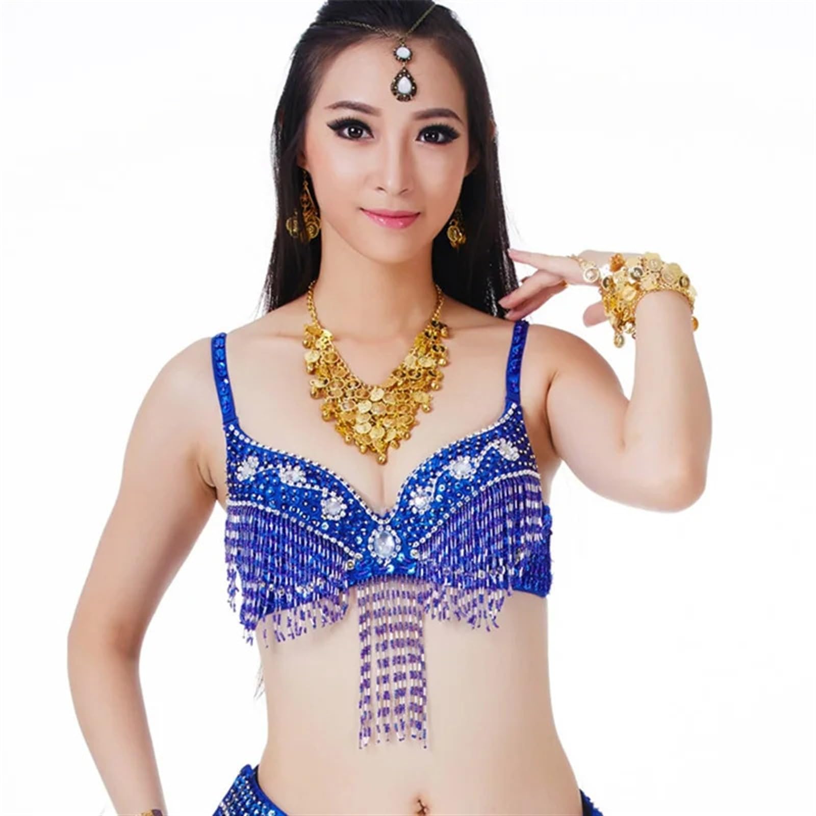 LIUHLFSR Belly Dance Fringe Halter Top Bra Sequin Beaded Women Girls Costume Underware Festival Dancing Outfit for Dancing Carnival Party(Royal blue)