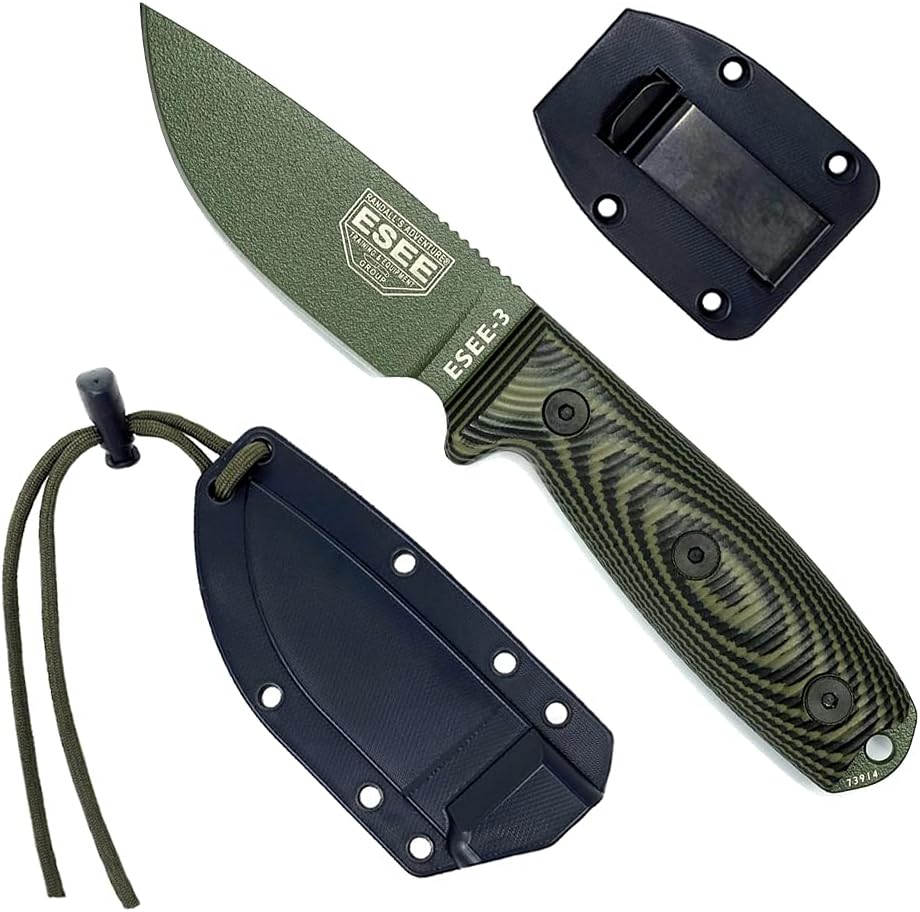 ESEE-3 Fixed Blade Knife with Sheath, 1095 Carbon Steel, Tactical Knife with 3D Contoured Handle, Made in USA, (Black Blade, Black G-10 3D Handle)