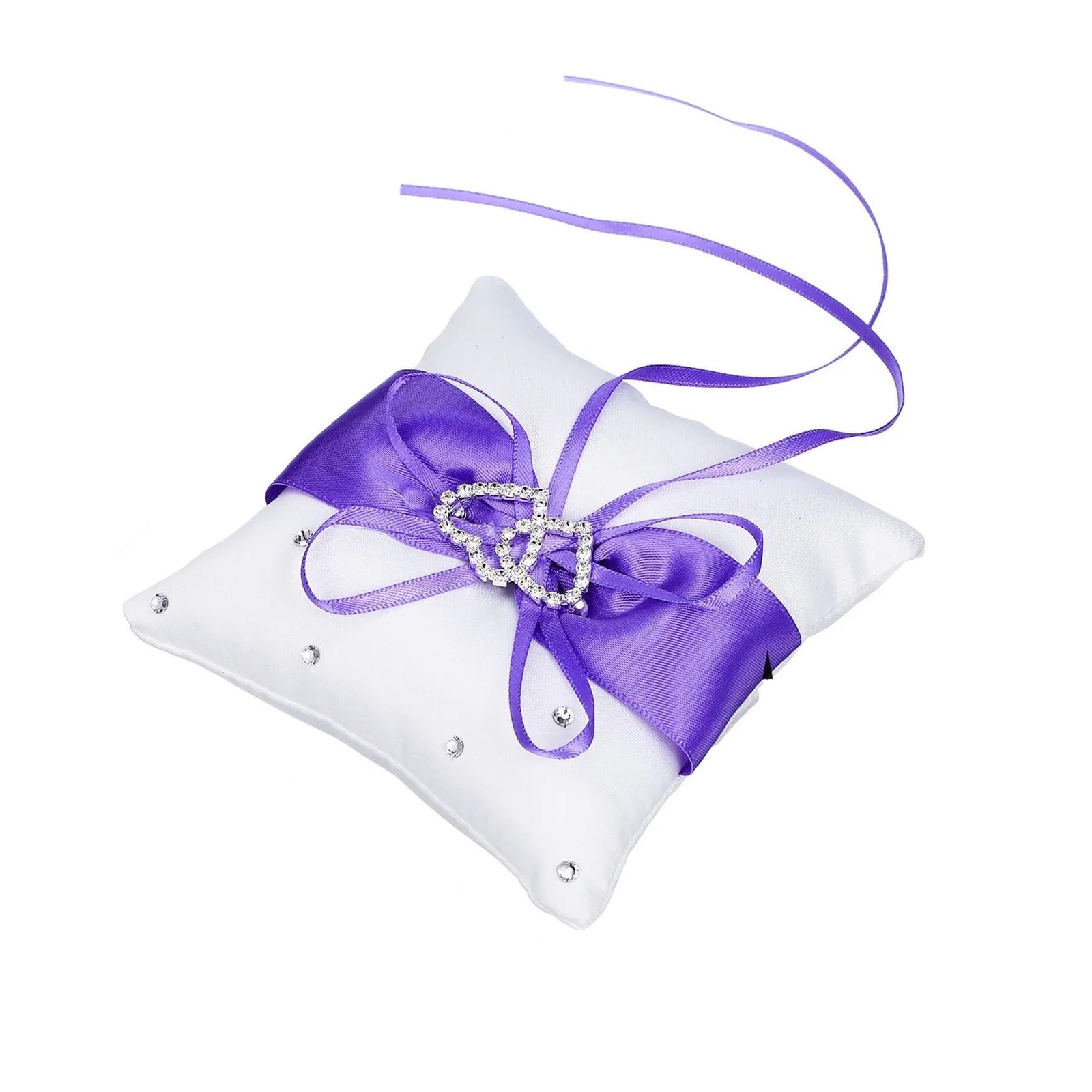 HEUchuan wedding ring cushion 10x10cm White Wedding Ring Pillow Double Heart Rhinestone Buckle Satin Ribbon Decor Bearer Cushion for Ceremony Bridal