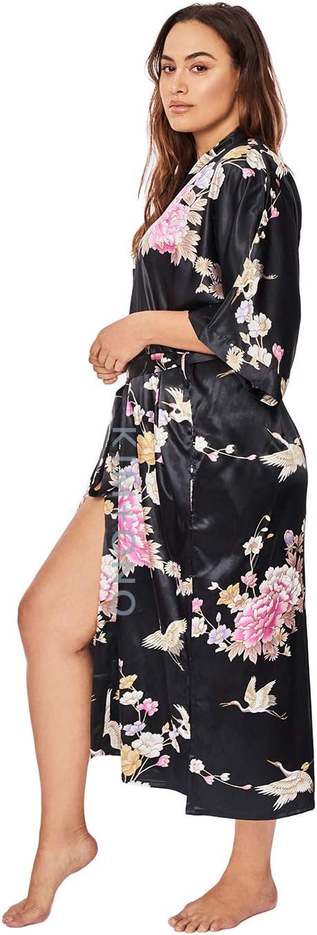 KIM+ONO Plus Size Luxury Kimono Robe for Women | Long Satin Floral Robe | Original Design | Removable Waist Tie Closure