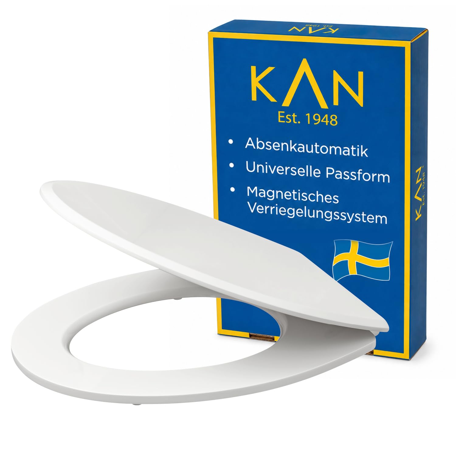 KAN Toilettendeckel mit Absenkautomatik - Lund - Ovale Klobrille aus Holz mit Universeller Passform - Befestigung von oben mit Magnetischem Verriegelungssystem - Flacher Klodeckel mit Absenkautomatik