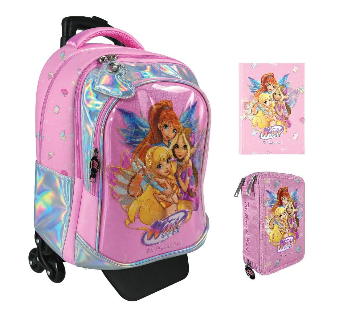 Trolley Zaino Winx scuola versione Tonda organizzato 3 Scomparti zip per bambine primaria + Astuccio 3 piani completo di cancelleria + Diario 2026/2027 + kit penne e portachiave paillettes