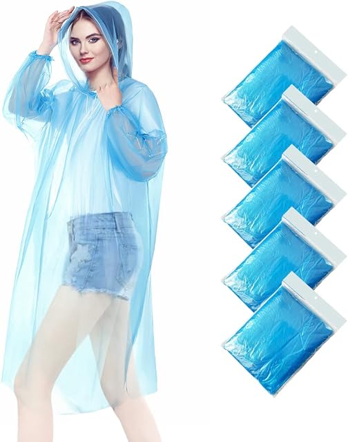 5 Pack Disposable Rain Ponchos - One Size Rain Poncho Waterproof Emergency Raincoats Rain Poncho Adult Rain Coats With Hood and Sleeves Ideal for Festivals, Camping, Fishing, Theme Parks
