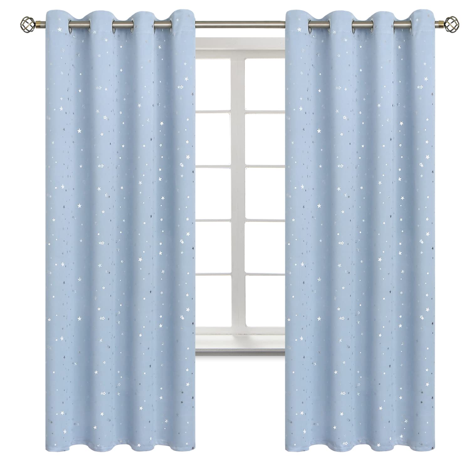 BGment Verdunkelungsvorhänge für Kinderzimmer, mit Ösen, wärmeisoliert, silberfarbener Sternendruck, Kindervorhänge für Wohnzimmer, Set mit 2 Paneelen, Babyblau, 132 x 183 cm