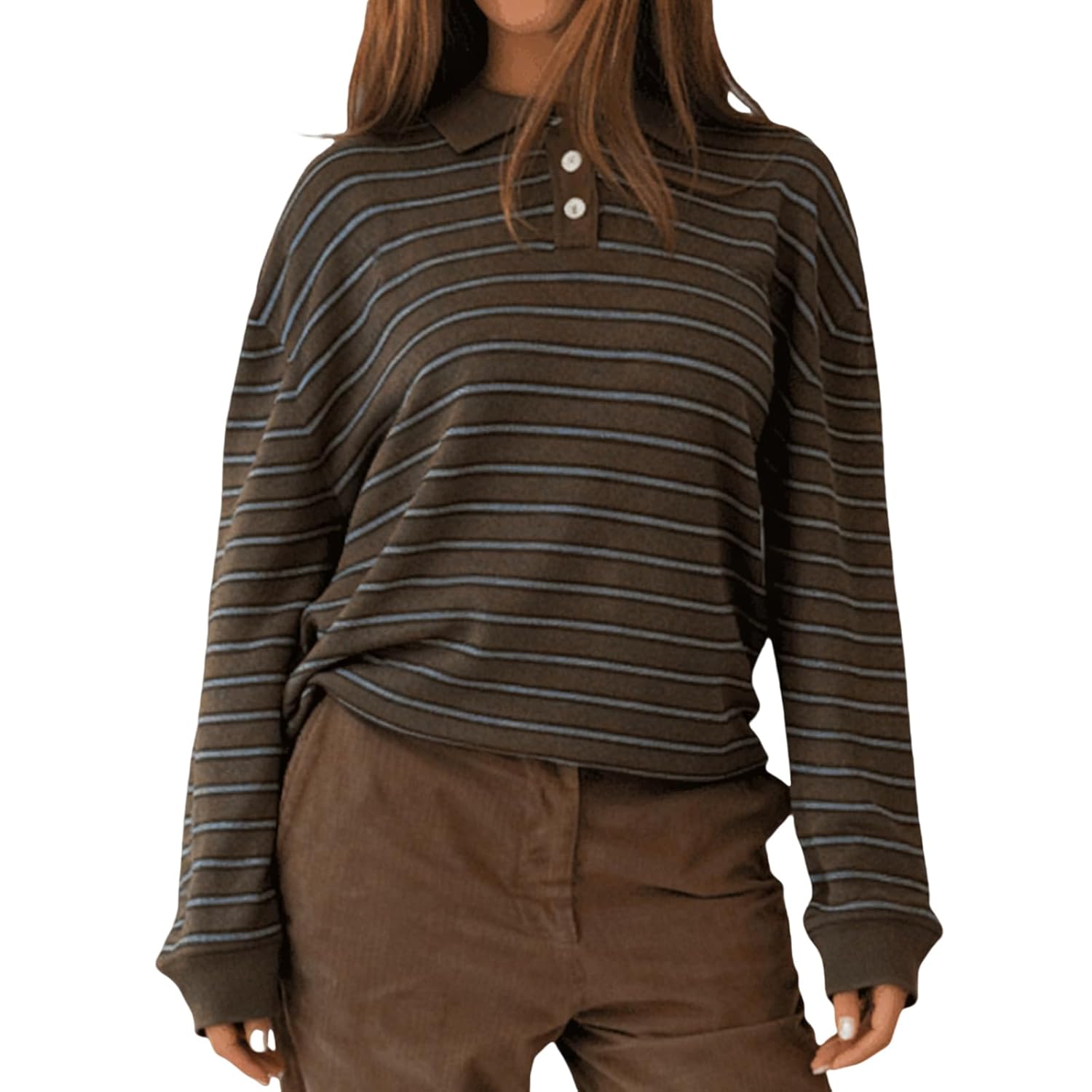 Oversized Striped Sweater for Women Collared Long Sleeve Preppy Polo Sweater Vintage Aesthetic Knitted Rugby Shirts