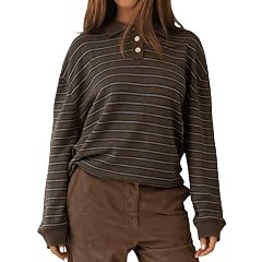 Oversized Striped Sweater for Women Collared Long Sleeve Preppy Polo Sweater Vintage Aesthetic Knitted Rugby Shirts