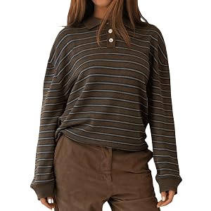 Oversized Striped Sweater for Women Collared Long Sleeve Preppy Polo Sweater Vintage Aesthetic Knitted Rugby Shirts