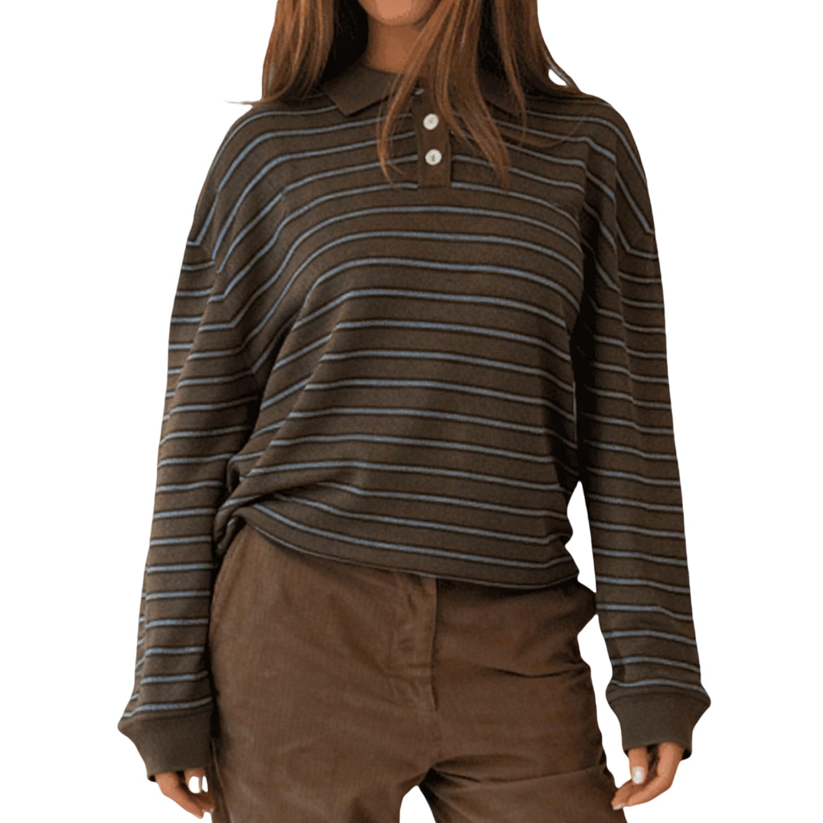 Oversized Striped Sweater for Women Collared Long Sleeve Preppy Polo Sweater Vintage Aesthetic Knitted Rugby Shirts