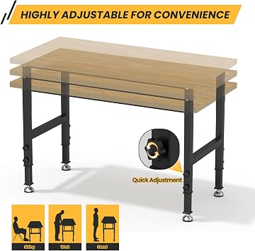 48 Adjustable Workbench, Heavy Duty 3000 LBS Load Capacity Hardwood Workbench Suitable for Workshop, Office, Garage, Home (Rubber Pad, Chipboard, 48)