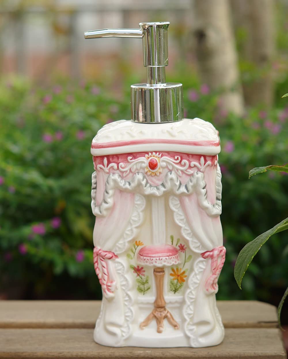 DSMYYXGS 5 Piezas Juego de Accesorios for Baño Cerámica Grabado Estilo Princesa Rosa Conjunto - Porta Cepillos de Dientes, Jabonera, Dispensador de Jabón, Vaso for Enjuague Bucal
