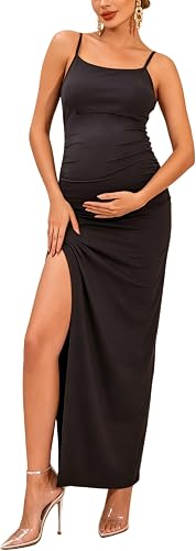 Maternity Bodycon Dress Spaghetti Strap Ruched Side Slit Maxi Dress for Baby Shower Party
