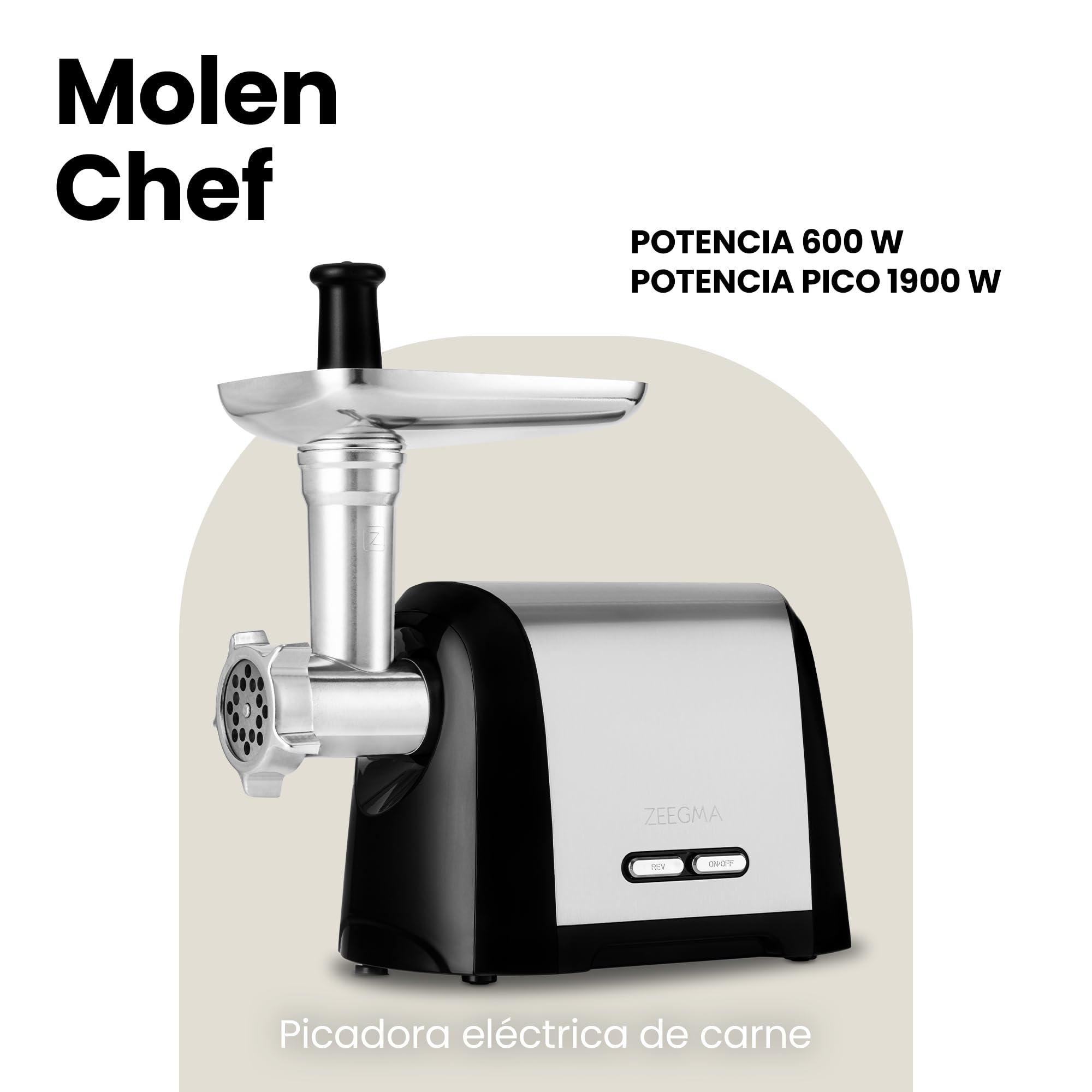 ZEEGMA Molen Chef Picadora eléctrica de carne 1900 W con 3 placas de molienda de acero inoxidable, 3 kg/min, máquina de embutidos, kubbe, triturado, función REV, estuche de accesorios (Plata)
