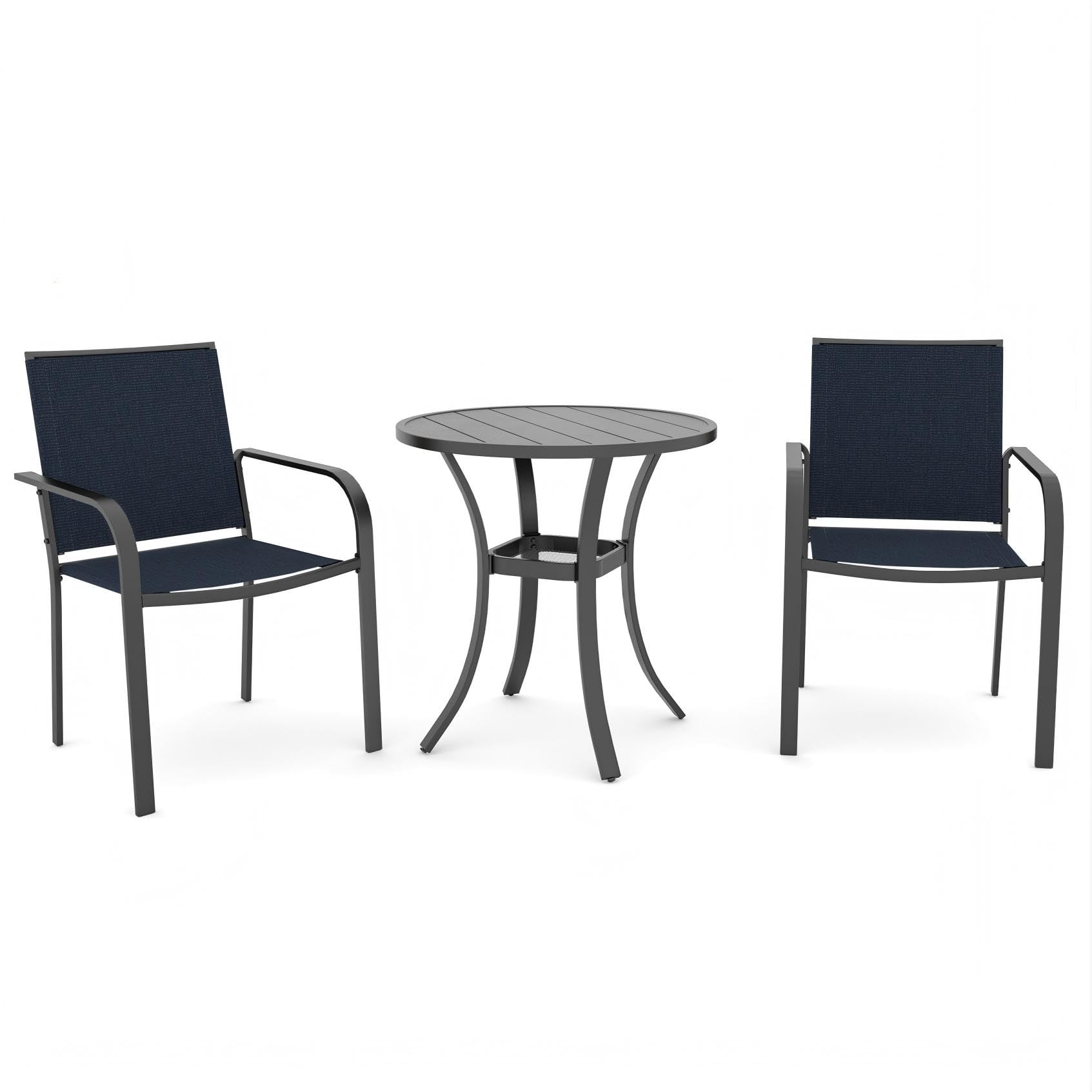 Anmutig 3 Piece Outdoor Bistro Set, 27.5" Round Metal Table, Blue Chairs
