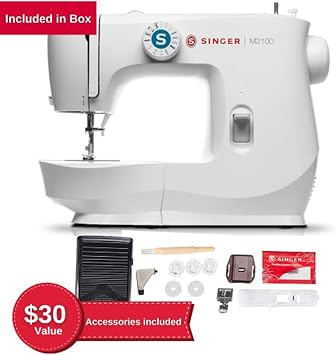 SINGER M2100 Lightweight Compact Sewing Machine with Accessory Kit | 8 stitches deliver 63 applications, easy 4-step buttonhole, LED tight, for garments, mending alterations, crafts, home decor