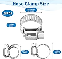 Vista 3 de Abrazadera de manguera de acero inoxidable 304, 20 piezas surtidas de rango ajustable, abrazadera de manguera de engranaje helicoidal de 0.39 a 0.63
