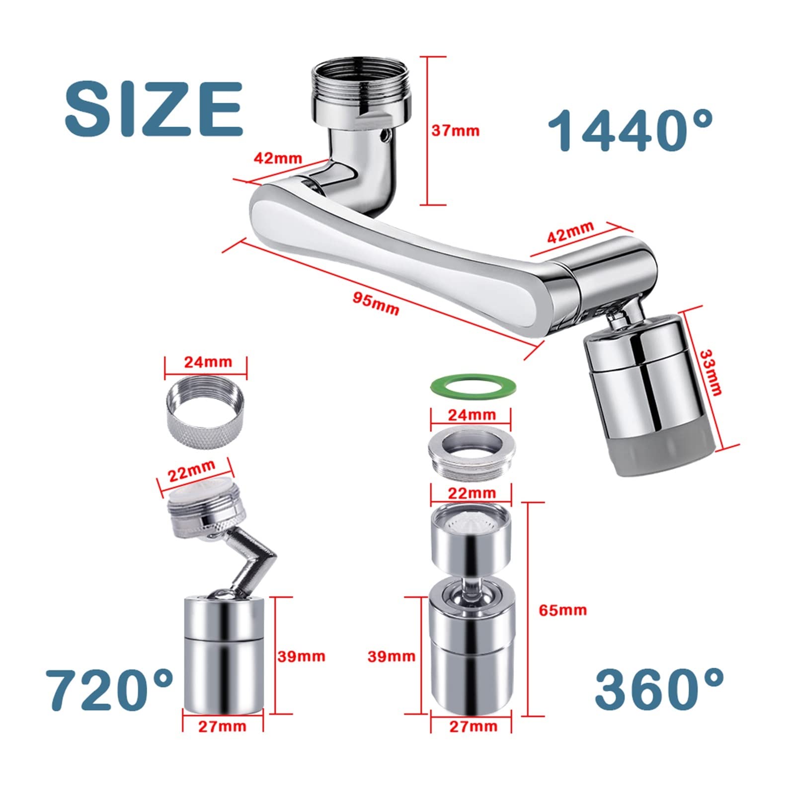 Metallo Rame 1440 ° Rotazione Rubinetto Aeratore Prolunga Girevole Braccio robotico Rubinetti Ugello Cucina Risparmio idrico Spruzzatore Ben Fatto(1440 Dual-mode Set 3)