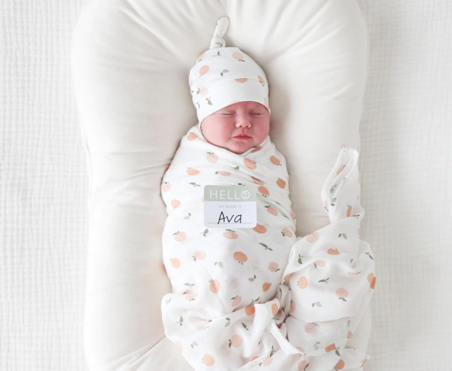 Lulujo Birth Announcement Hat & Swaddle Blanket Set | Unisex Softest Bamboo Viscose Muslin Baby Swaddle Blanket | Receiving Blanket | 47in x 47in | Peaches