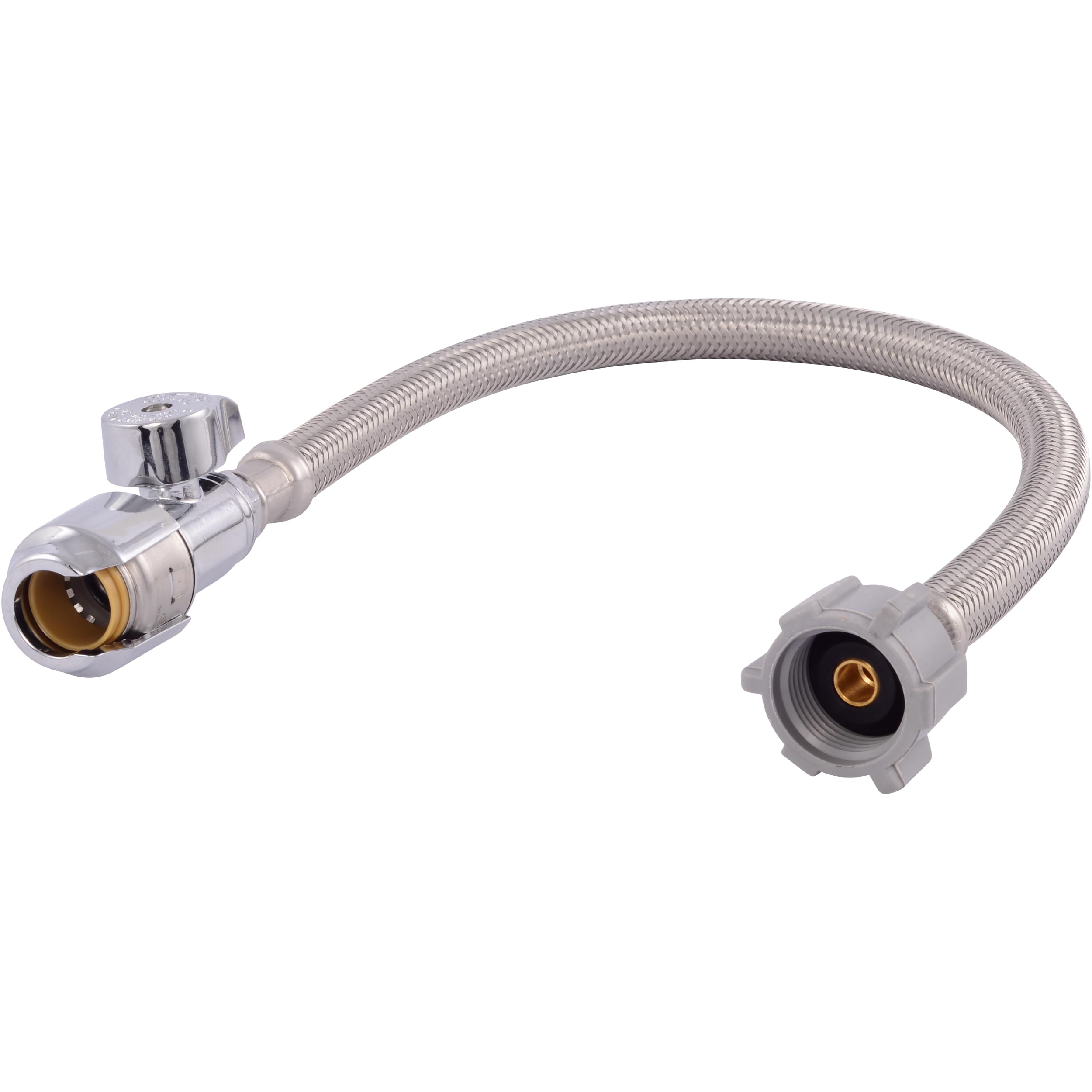 SharkBite Max 16 In. Stainless Steel Braided Toilet Connector with Straight Stop Valve, 1/2 Inch PTC x 7/8 Inch Ballcock, PEX Pipe, Copper, CPVC,