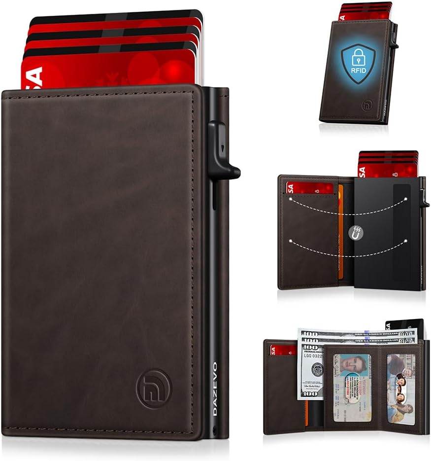 Minimalist Wallet for Men, RFID Blocking Pop Up Wallet with 2 ID Windows