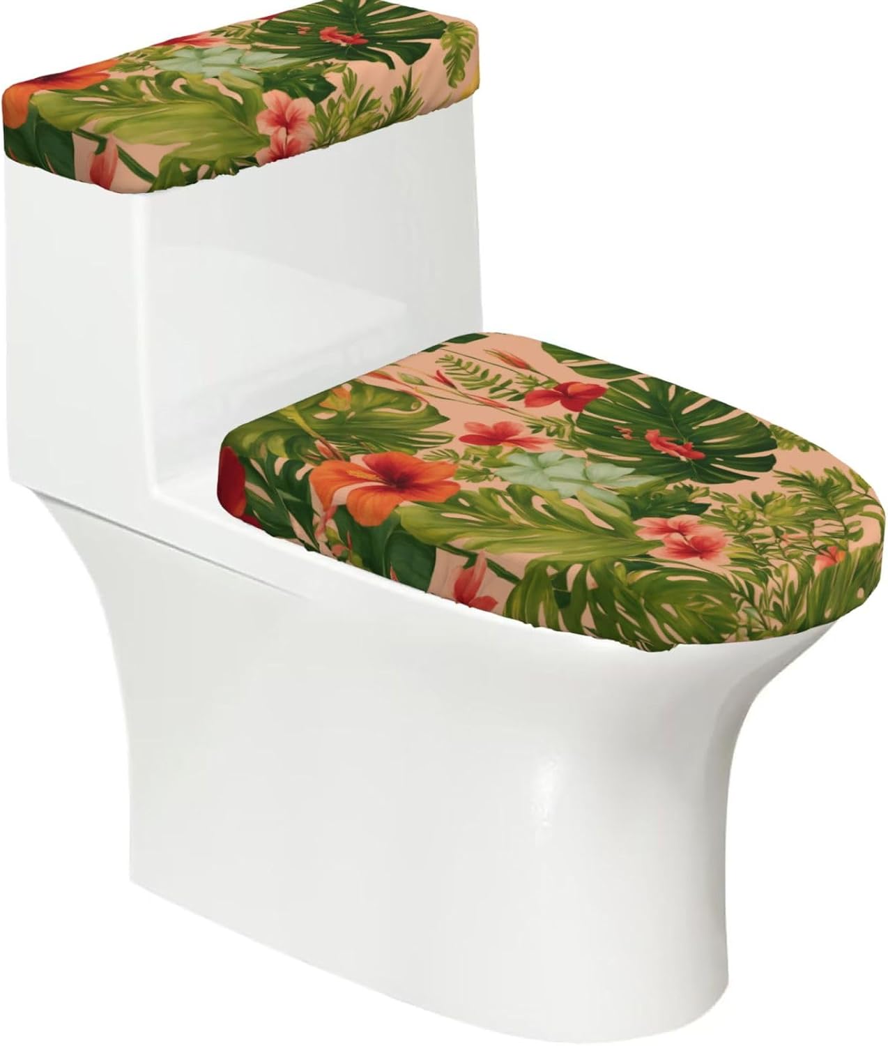2 Pcs Hojas Tropicales Y Flores Print Toilet Lid Cover And Toilet Tank Lid Cover Set, Soft Stretchable Bathroom Covers, Fits Round And Elongated Toilet Seats, Washable And Decorative