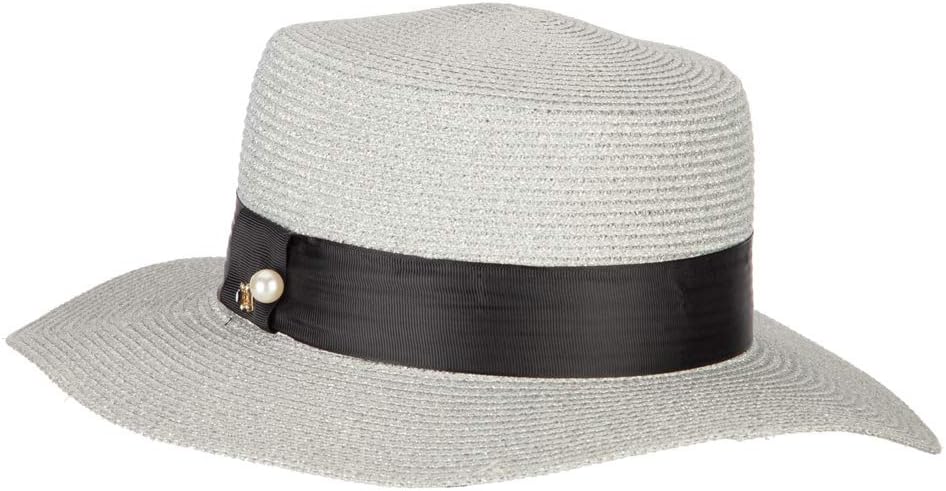Lurex Straw Boat Hat with Rhinestone Pearl Accented Band