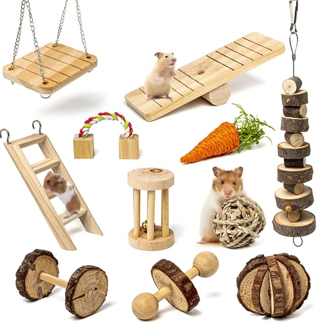Labeol Hamster Chew Toys Small Animal Boredom Breakers Cage Accessories Pet 11 Pcs Natural Wooden Toys Hamster Ball Swing for Rat Guinea Pig Chinchilla Gerbils Rabbit Parrot Syrian Hamster