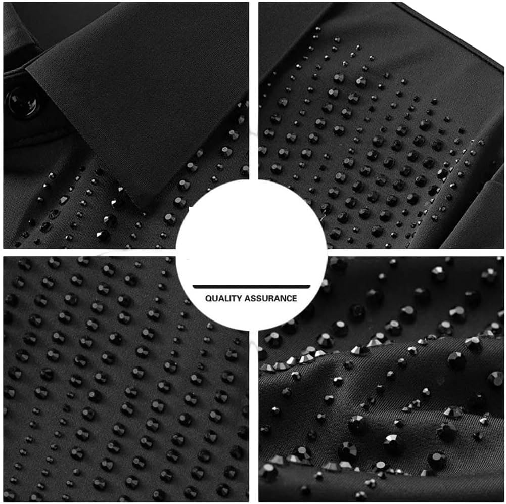 Men Rhinestone Long Sleeve Shirt Social Banquet Party Business Office Stage Performance Costume
