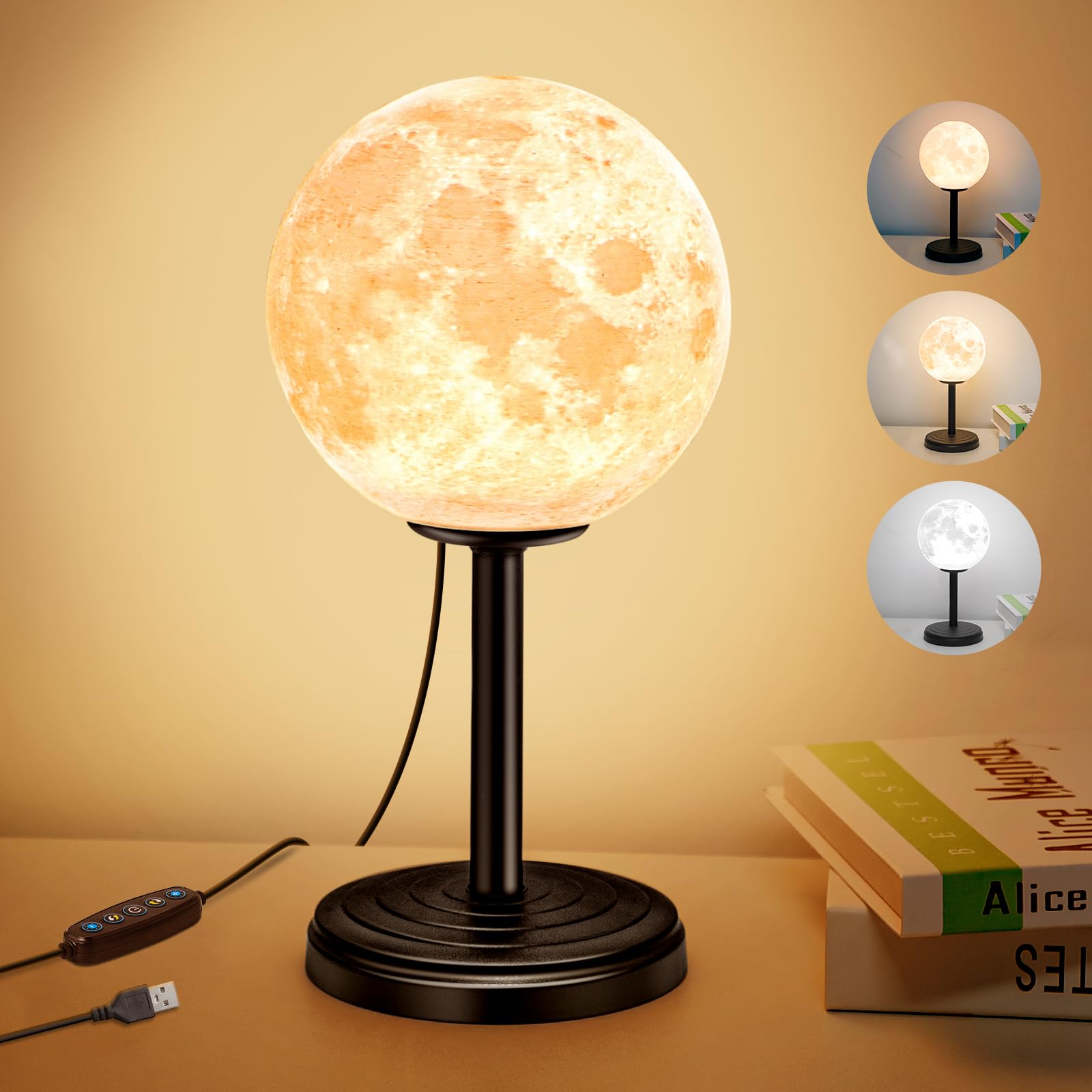 Kangtaixin 3D Luna Lampada con Supporto, Lampada da Tavolo Lunare 3 Temperature di Colore, Cavo USB, Lampada Lunare Luce Notturna per Camera da Letto, Regali per Fidanzata, Donne, Ragazze, Bambini