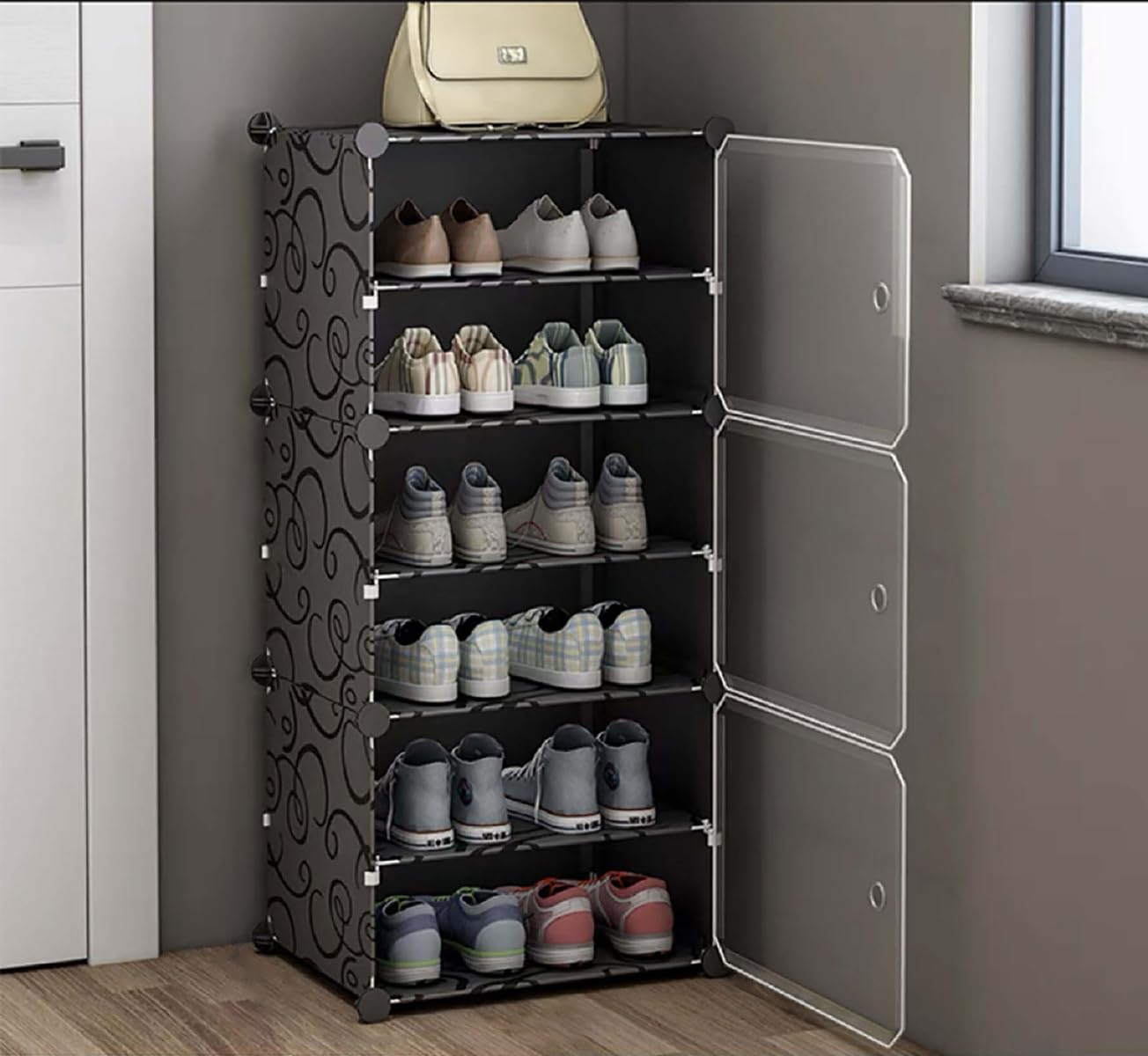Plastic Shoe Rack for Home | 𝟔 𝐓𝐢𝐞𝐫 Foldable Dustproof Shoe Storage Cabinet & 𝟑 𝐅𝐫𝐨𝐧𝐭 𝐃𝐨𝐨𝐫𝐬 | Space Saving Multipurpose Organizer for Entryway, Bedroom, Living & Office| Black-image-29