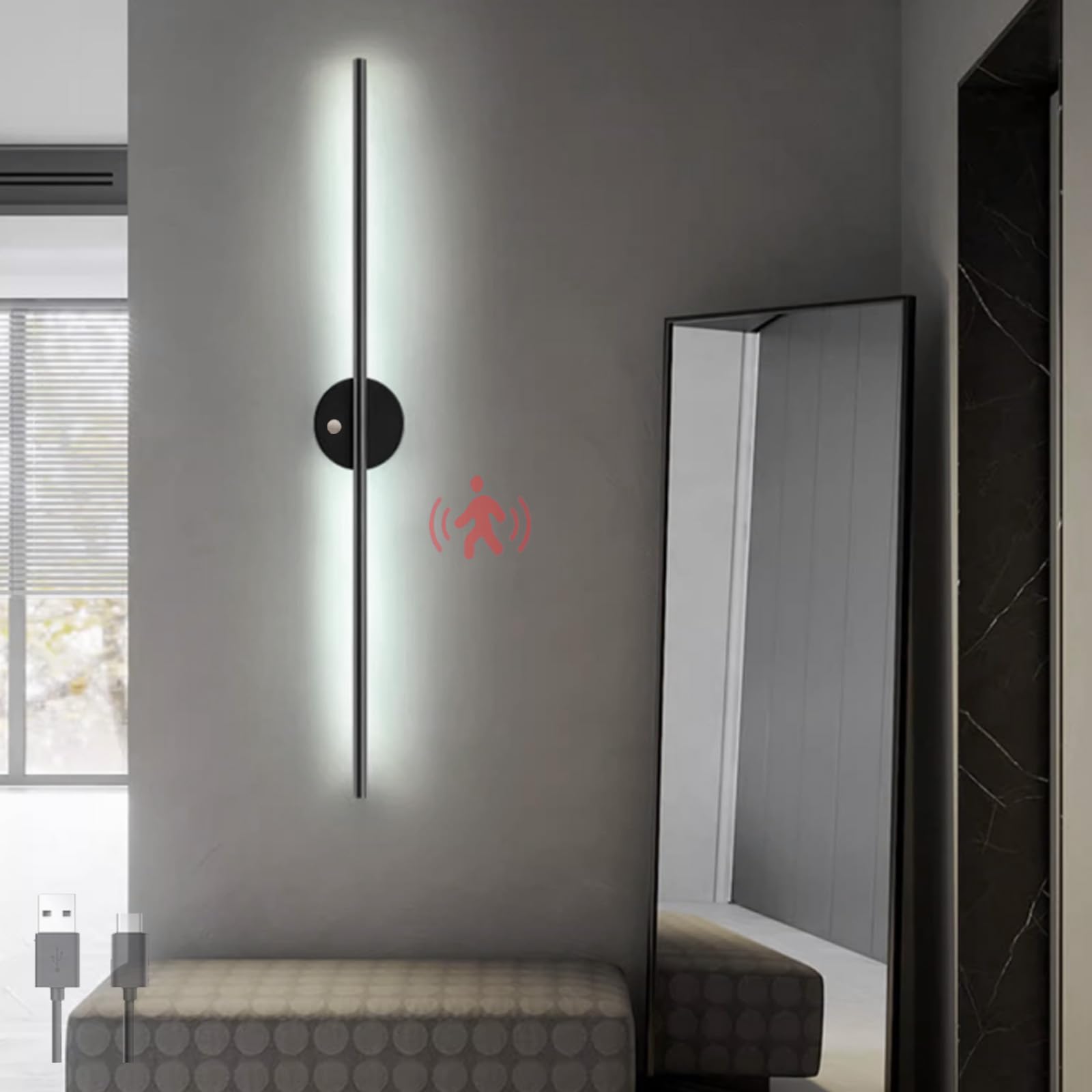 TZSMUM USB Rechargeable Wall Sconces with Motion Sensor Wall Light LED Battery Operated Wall Lamp 120CM Long Strip 3000K/4000K/6000K Modern Living Room Bedroom Stairs Hallway (80cm,Black White Light)
