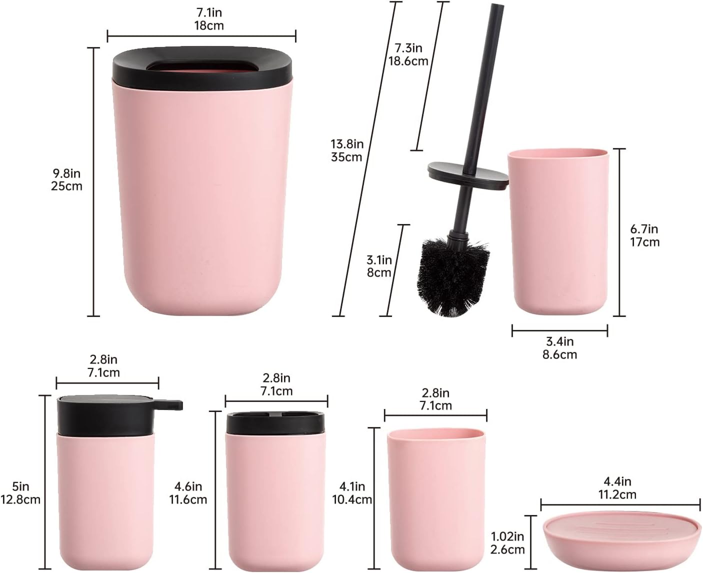 Bathroom Accessories Set of 6 Complete, Toothbrush Holder, Soap Dispenser, Garbage Trash Can, Soap Dish, Toothbrush Cup and Toilet Brush Holder, Pink