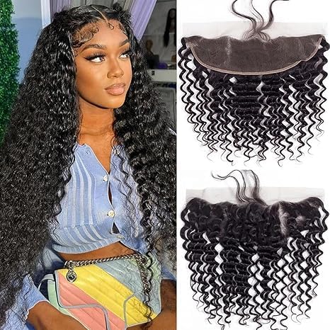 13x4 Transparent Lace Closure Deep Wave Human Hair with Natural Hairline Ear to Ear Lace Frontal Pre Plucked with BabyHair 18 Inch