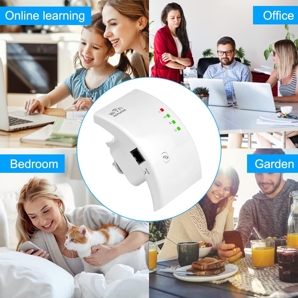 Four panels showing different usage scenarios: Online learning, Office, Bedroom, and Garden, all benefiting from extended WiFi coverage.