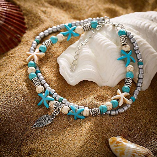 Image of Softones Blue Starfish Turtle Anklet Multilayer Charm Beads Sea Handmade Boho Anklet Foot Jewelry for Women