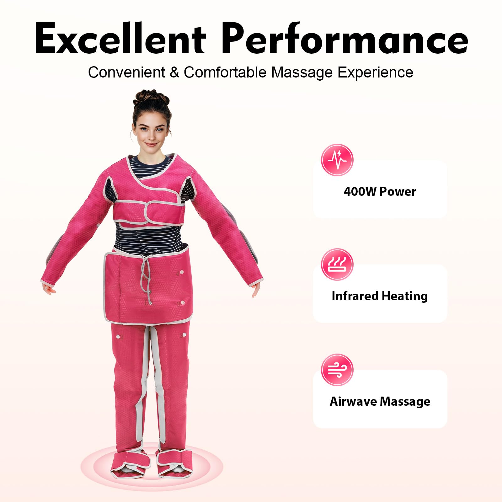 Lymphdrainage Gerät Ganzkörpermassagekostüm mit 7 Massageintensitätsstufen, Infrarotwärme und Luftdruckmassage, 35-80°C Warmhalten Rosa
