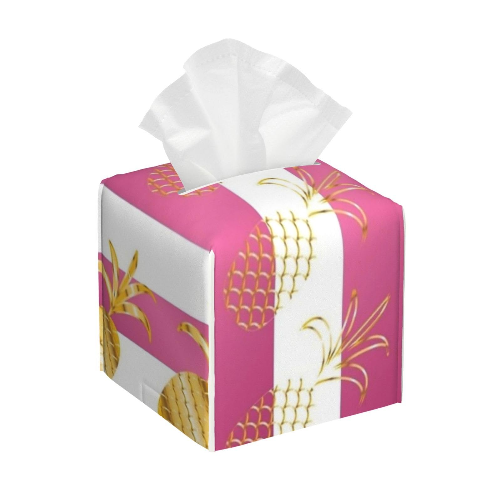 Golden Pineapple Pattern Tissue Box Cover 5" Square Leather Tissue Holder Facial Tissue Case for Tabletop Bedroom Bathroom Desk Decor