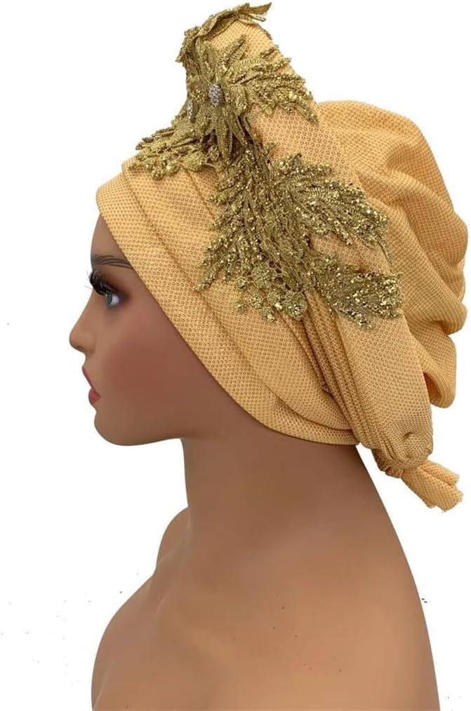 Women's Elegant Turban Cap African Nigeria Party Wedding Embroidery Lace Headwrap