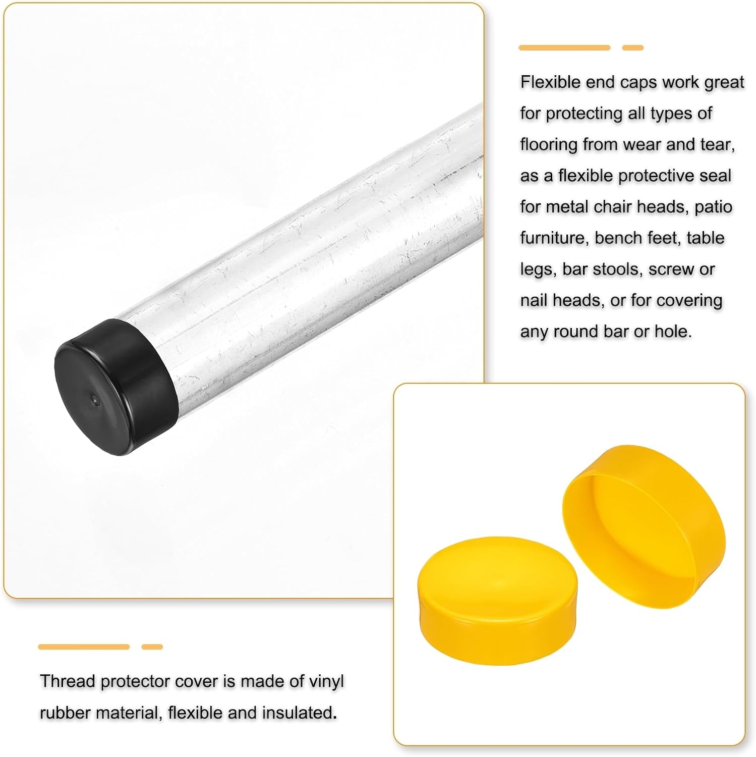 2 x Rubber End Caps 160 mm ID Yellow Vinyl Bolt Covers for Round Tubes, Screw Thread Protectors