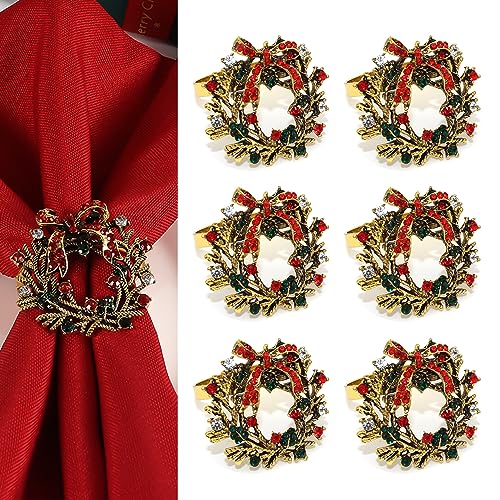 Christmas Wreath Napkin Rings, 6 PCS Christmas Themed Napkin Holder Napkin Buckles for Xmas Holiday Wedding Party Dinner Table Decoration