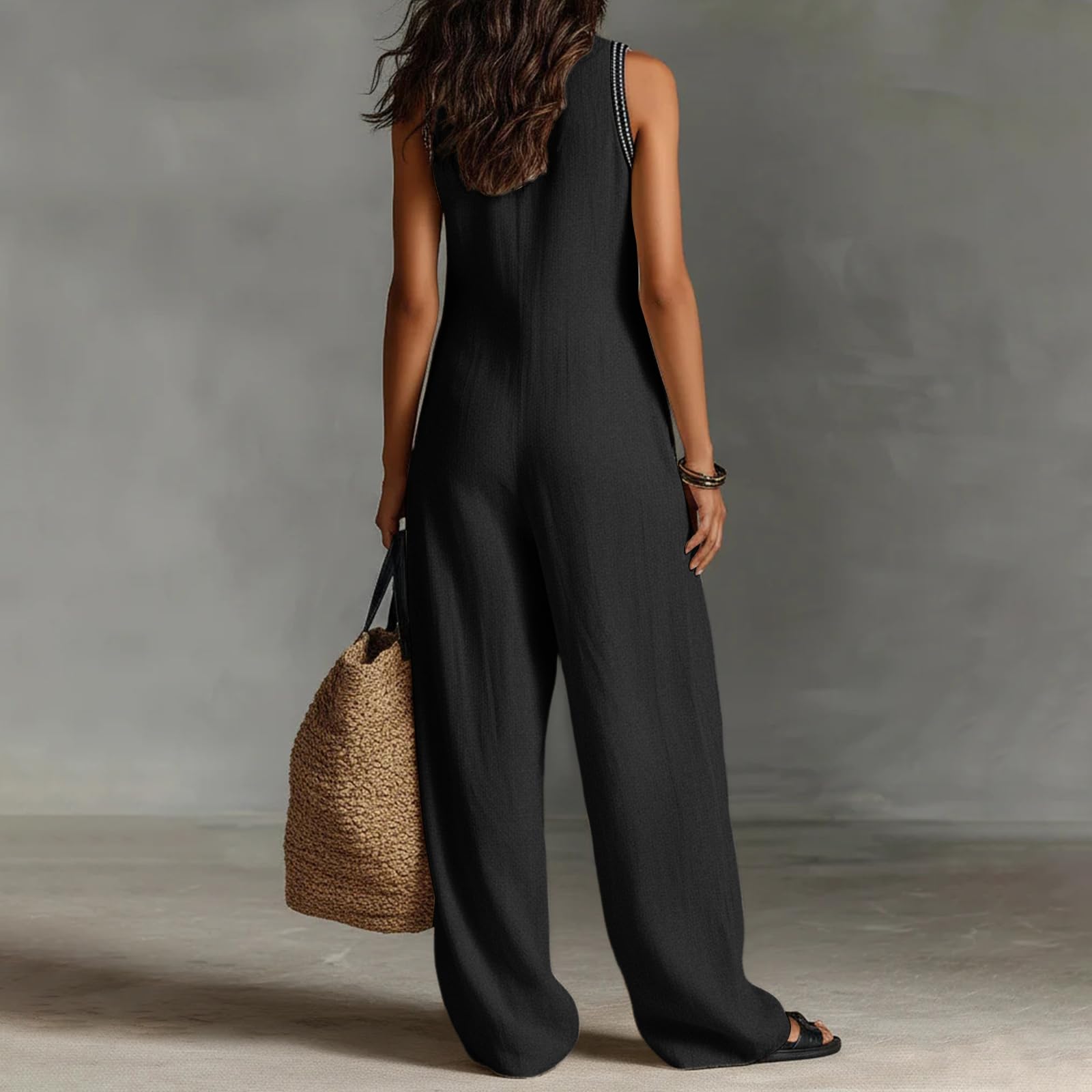 Jumpsuit Damen Sommer Lang Boho Overall Damen Elegant Weites Bein Jumpsuits Ärmellos Overalls V Ausschnitt Playsuit Stehkragen Romper Reißverschluss Vorne Onesie Mit Taschen Locker Einteiler