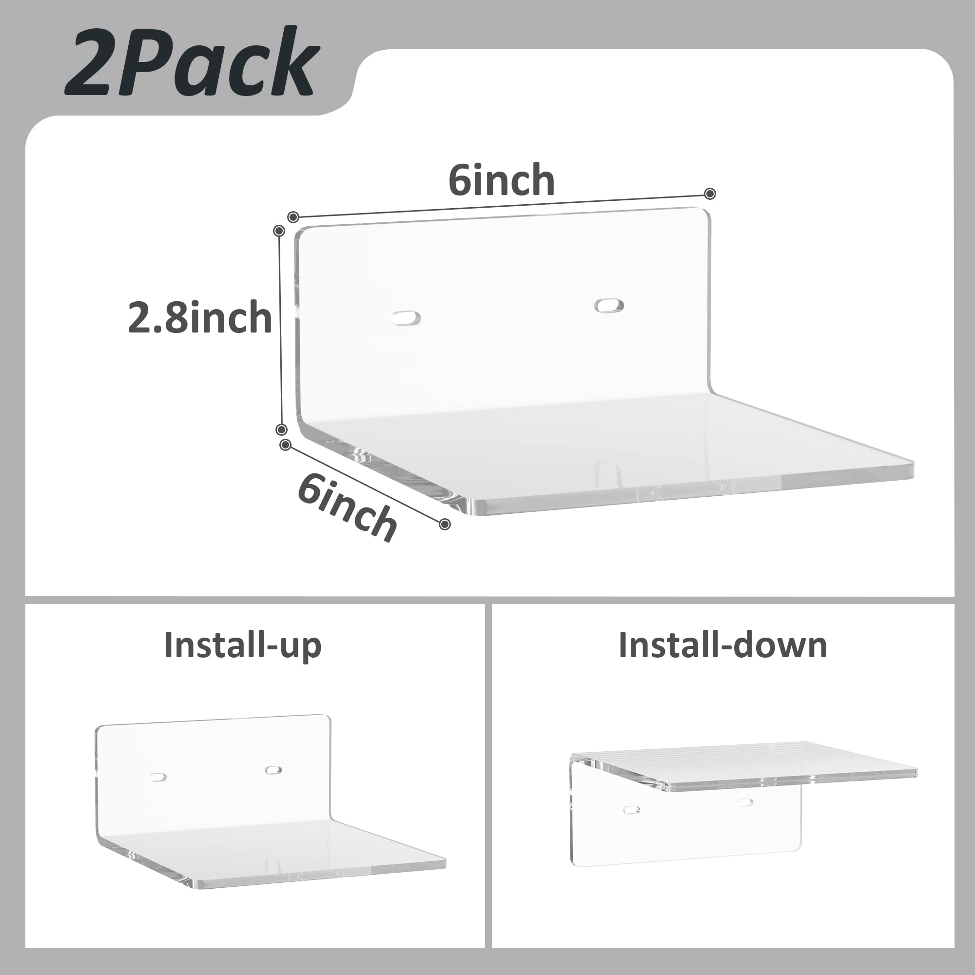 Sezanrpt 6 Inches Acrylic Small Wall Shelves 2 Pack, Floating Shelf for Wall Mounting, Acrylic Display Ledges for Funko Pop Figures, Home Décor, Living Room, Gaming Room, Plants(6 inch, Clear)