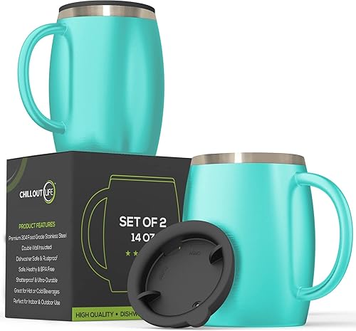 Miniatura 1 de Juego de 2 tazas de café aisladas de acero inoxidable (14 onzas) de doble pared con tapa y asa resistentes a derrames, tazas inastillables para