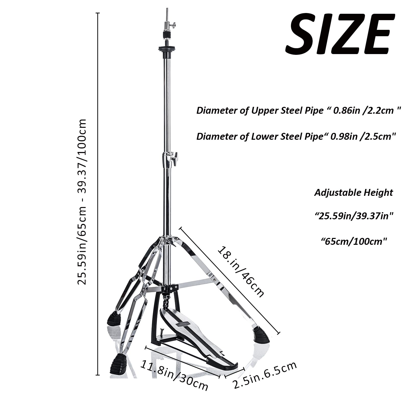 Support de charleston, support de hi-hat, Trépied charleston, réglable en hauteur de 23,6" à 39,3", double embase avec pieds en caoutchouc élargis et antidérapants (V-CC-SZ08)