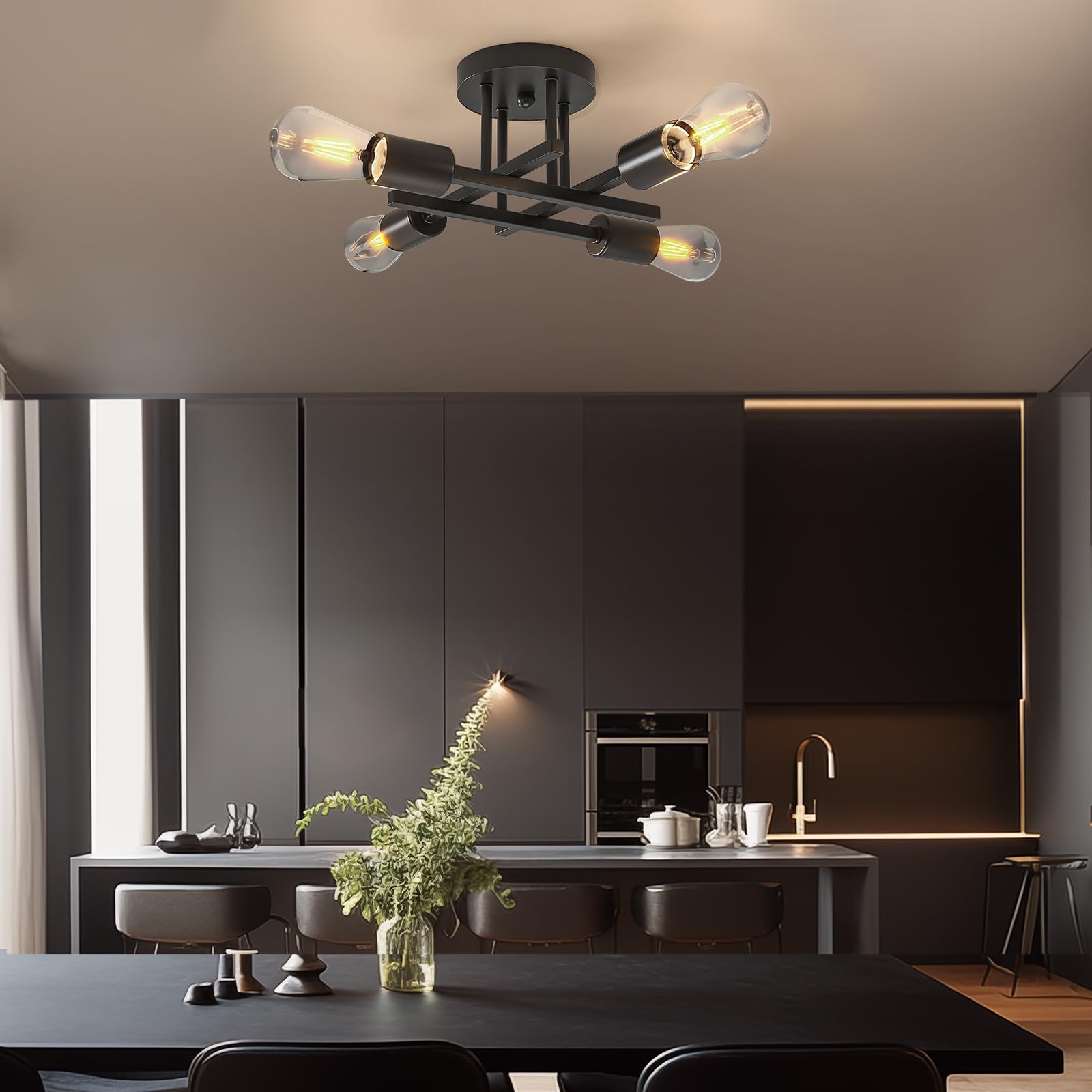 OTREN Lampada da Soffitto Vintage, 4 Fiamme Plafoniera Retrò E27 Lampadario Industriali per Soggiorno Camera da Letto Cucina Sala da Pranzo, Nero(Senza Lampadina)